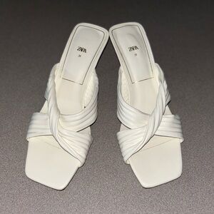 Zara White Knotted Strap Mules Kitten Heel Sandals Size EU 39 U.S. 8